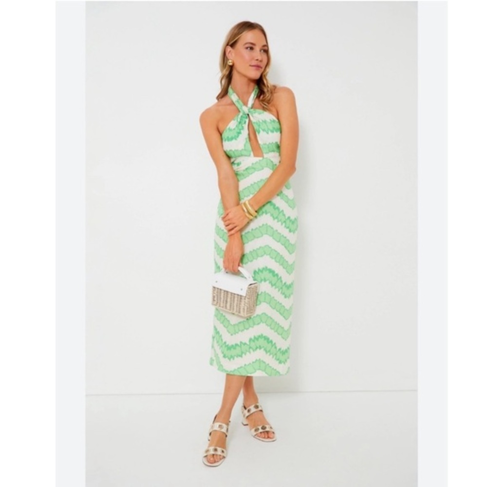 RHODE Green and White Midi Dress